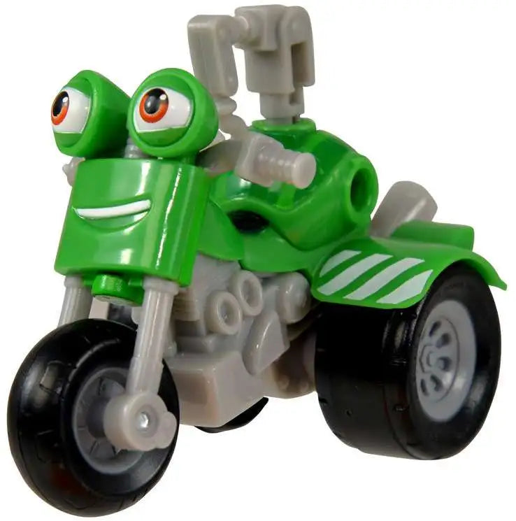 Green three-wheeled cartoon motorbike toy with big eyes and grey handlebars