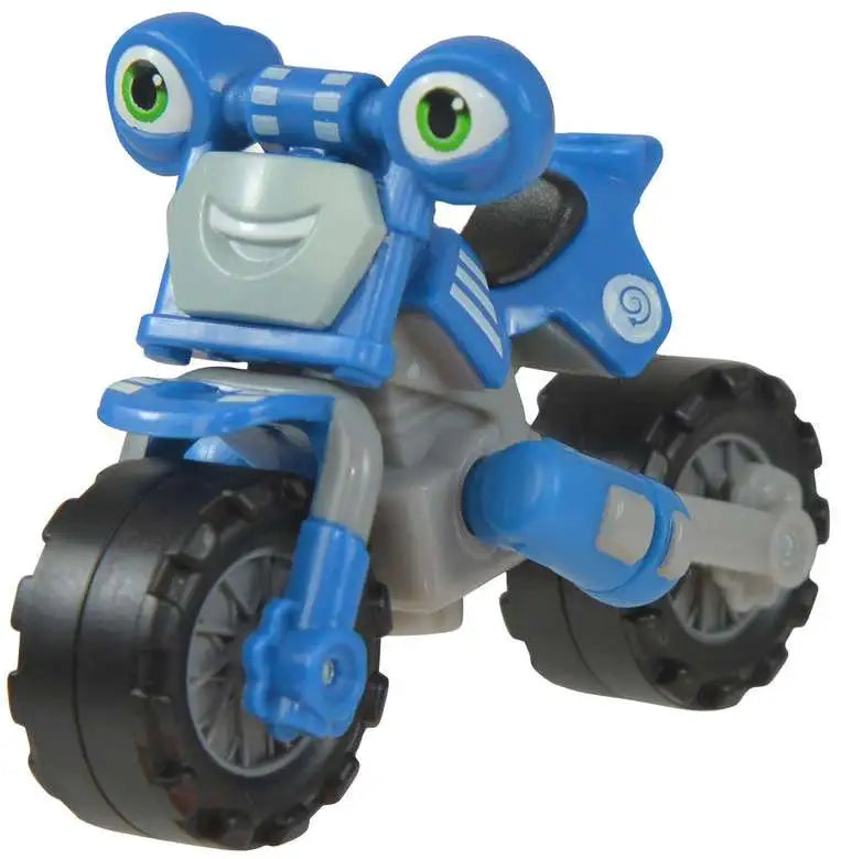 Blue and grey cartoon motorbike toy with green eyes and chunky black tyres