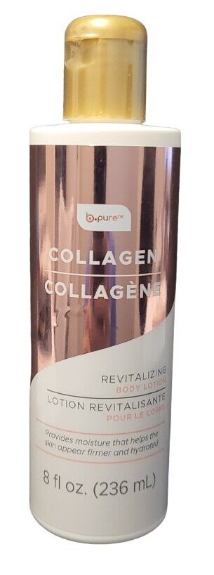 White bottle of collagen revitalizing body lotion with rose gold label, 8 fl oz