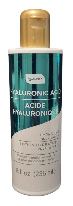 White bottle of hyaluronic acid hydrating body lotion with teal label, 8 fl oz