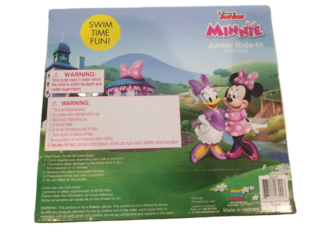 Back of the ride-in float box with warnings, repair kit steps and cartoon characters