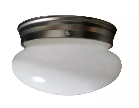 Brushed nickel flush mount ceiling light with a white frosted glass dome