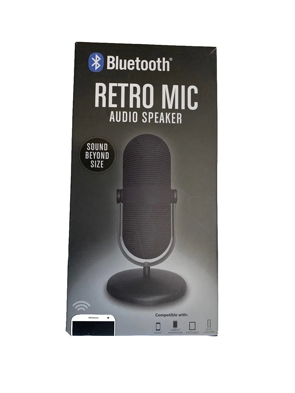 Box for a black Bluetooth speaker shaped like a retro studio microphone on a stand