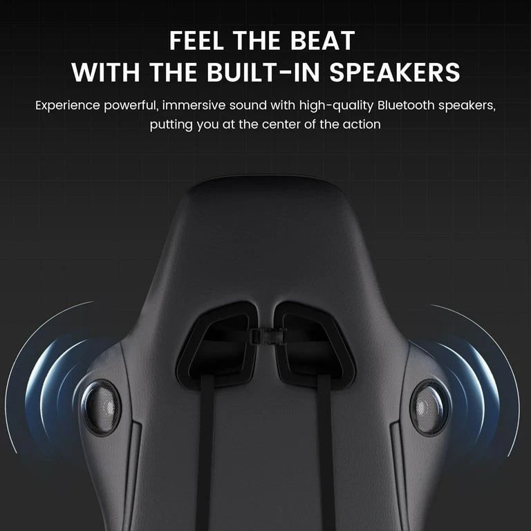 Back of the chair headrest with two built-in Bluetooth speakers highlighted