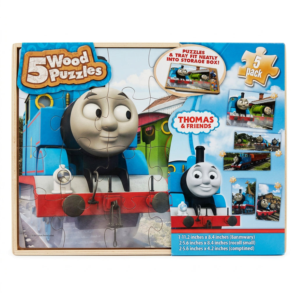 Thomas & Friends 5 Wood Puzzles set in a wooden storage box with a Thomas close-up on the front puzzle
