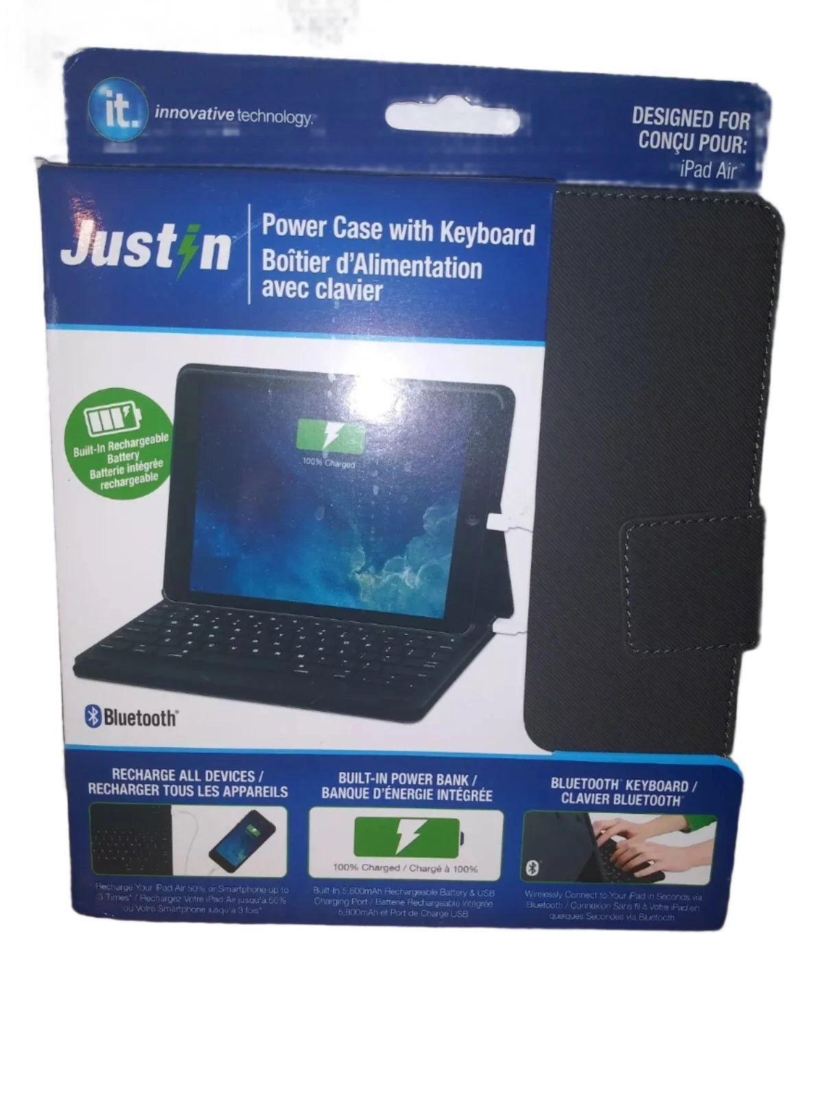 Boxed black iPad Air keyboard case with built-in battery, bilingual packaging
