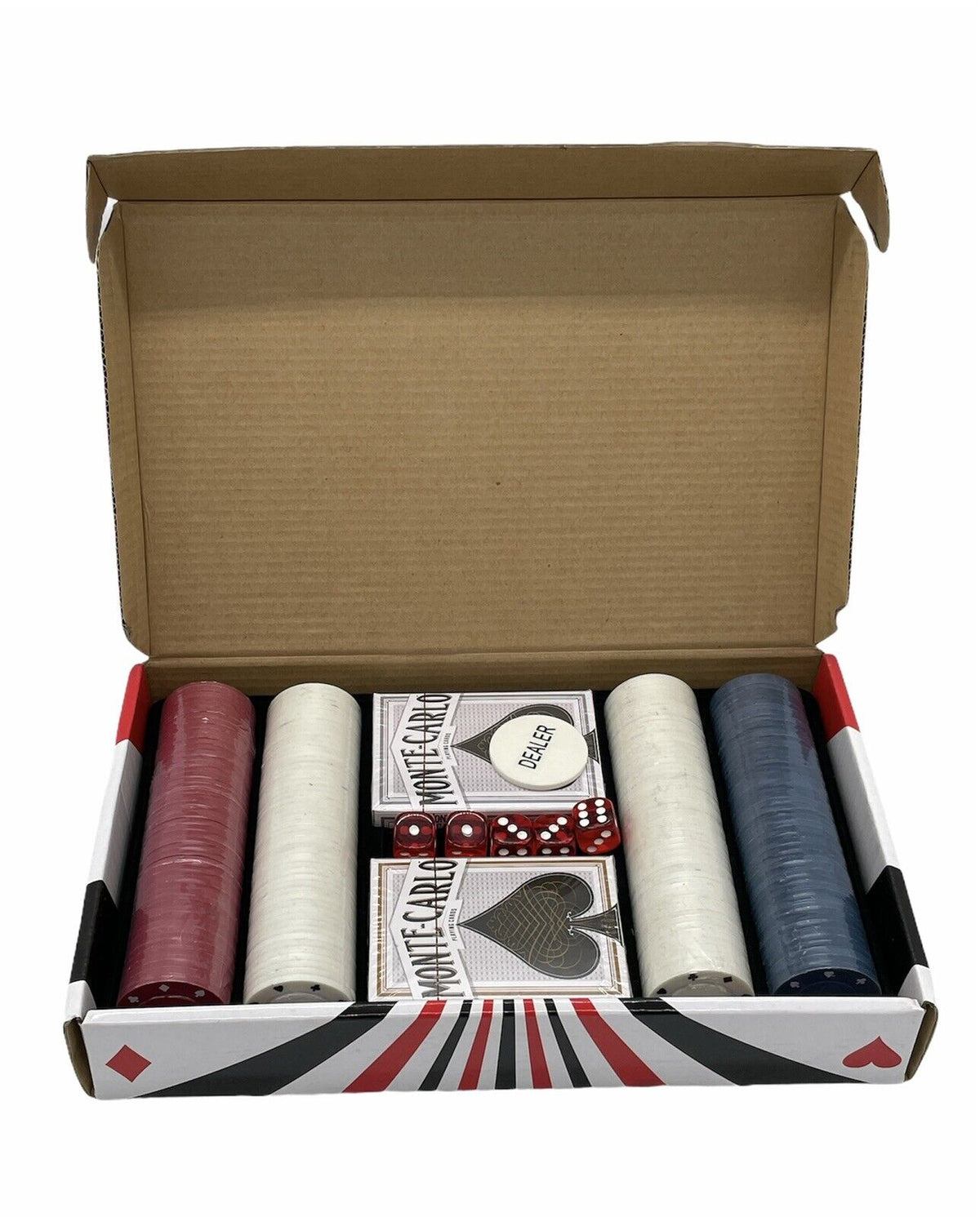 Open box with red, white and blue chip stacks, two card decks, dice and dealer chip