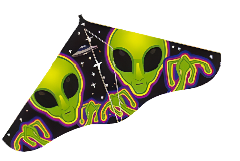 Black delta kite printed with two neon green aliens, a flying saucer and stars