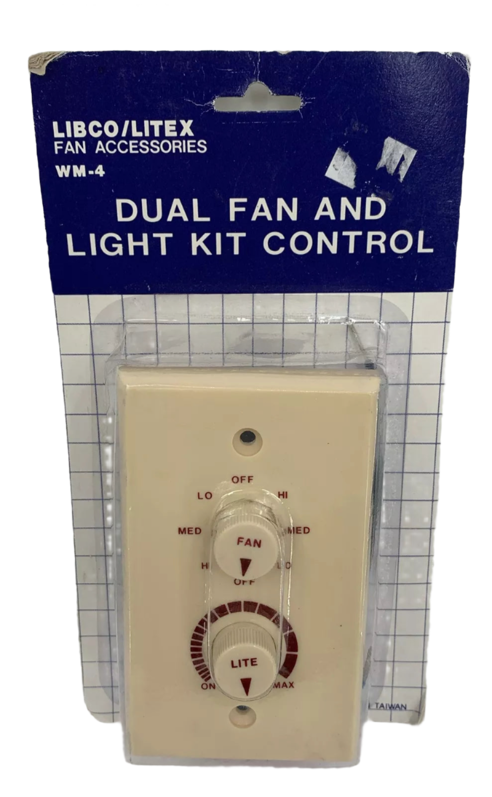 Carded almond wall control with fan speed and light dimmer knobs, dual fan and light kit control