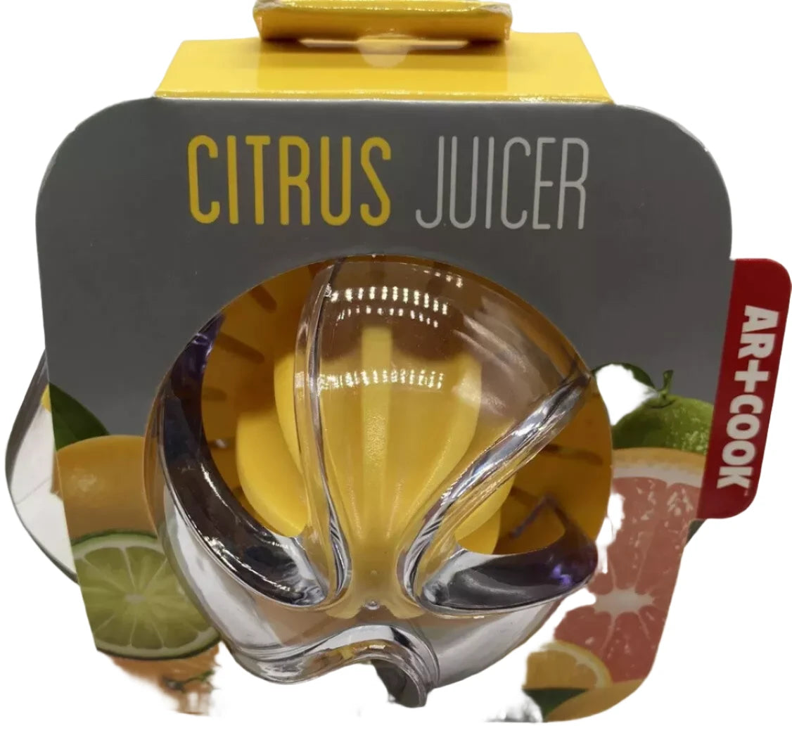 Clear and yellow handheld citrus juicer in a grey and yellow retail sleeve