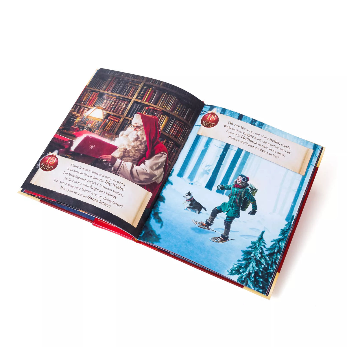 Open storybook pages for 19 and 18 sleeps to go, with Santa at his desk and an elf on snowshoes