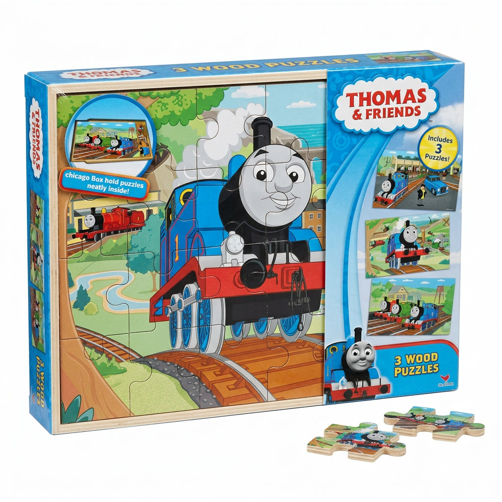 Thomas & Friends 3 Wood Puzzles box in a wooden tray, angled, with two loose puzzle pieces