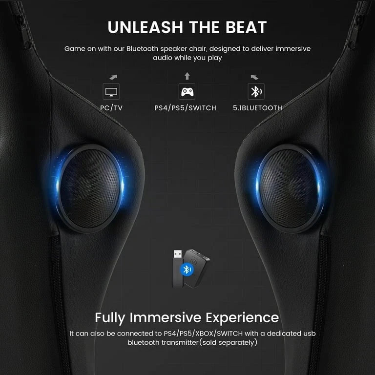 Close-up of the two headrest speakers with icons for PC, console and Bluetooth