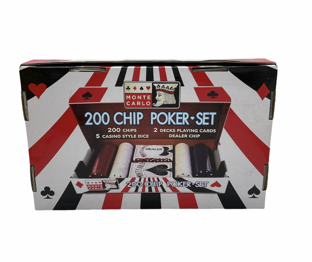 Back of the poker set box listing 200 chips, 2 decks, 5 dice and dealer chip