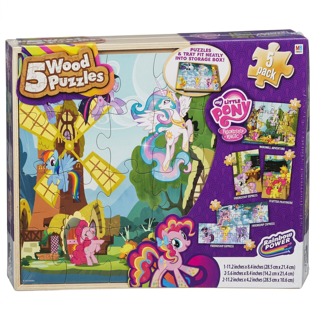 Front of My Little Pony 5 Wood Puzzles box with Pinkie Pie, Rainbow Dash and Princess Celestia by a windmill