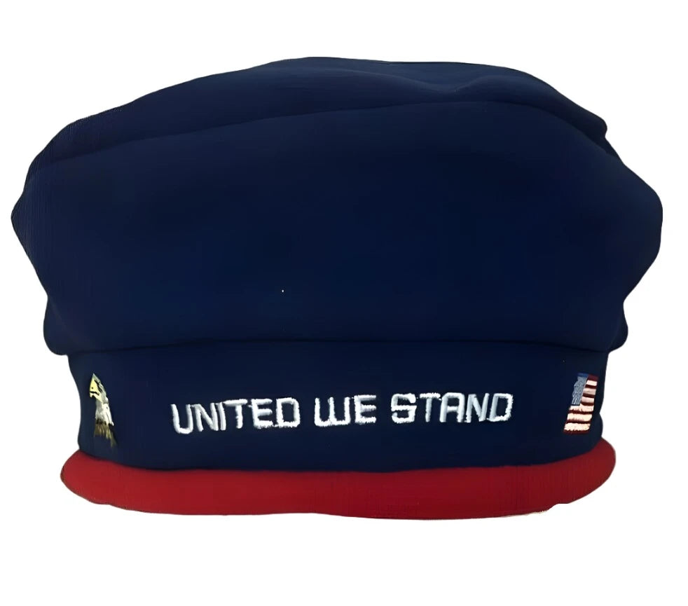 Navy fleece beret with a red band embroidered United We Stand, eagle and flag