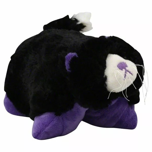 Black and purple cat plush pillow with a white muzzle, whiskers and white-tipped tail