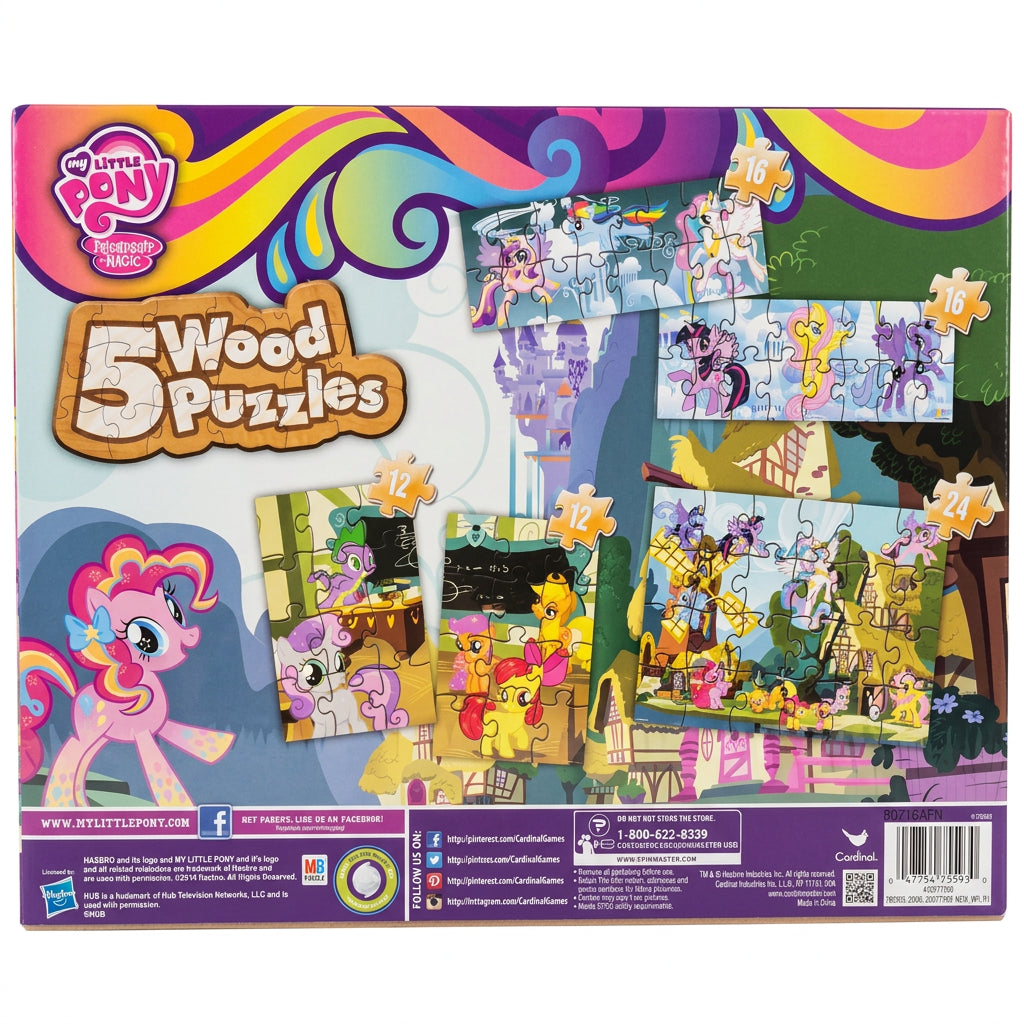 Back of My Little Pony puzzle box showing all five puzzles with 12, 16 and 24 pieces
