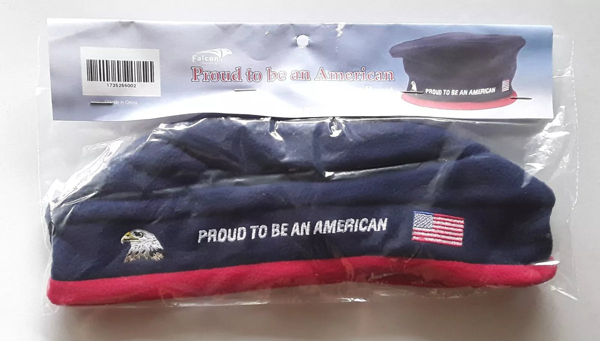 Navy and red fleece beret in its bag with an eagle, flag and Proud to Be an American