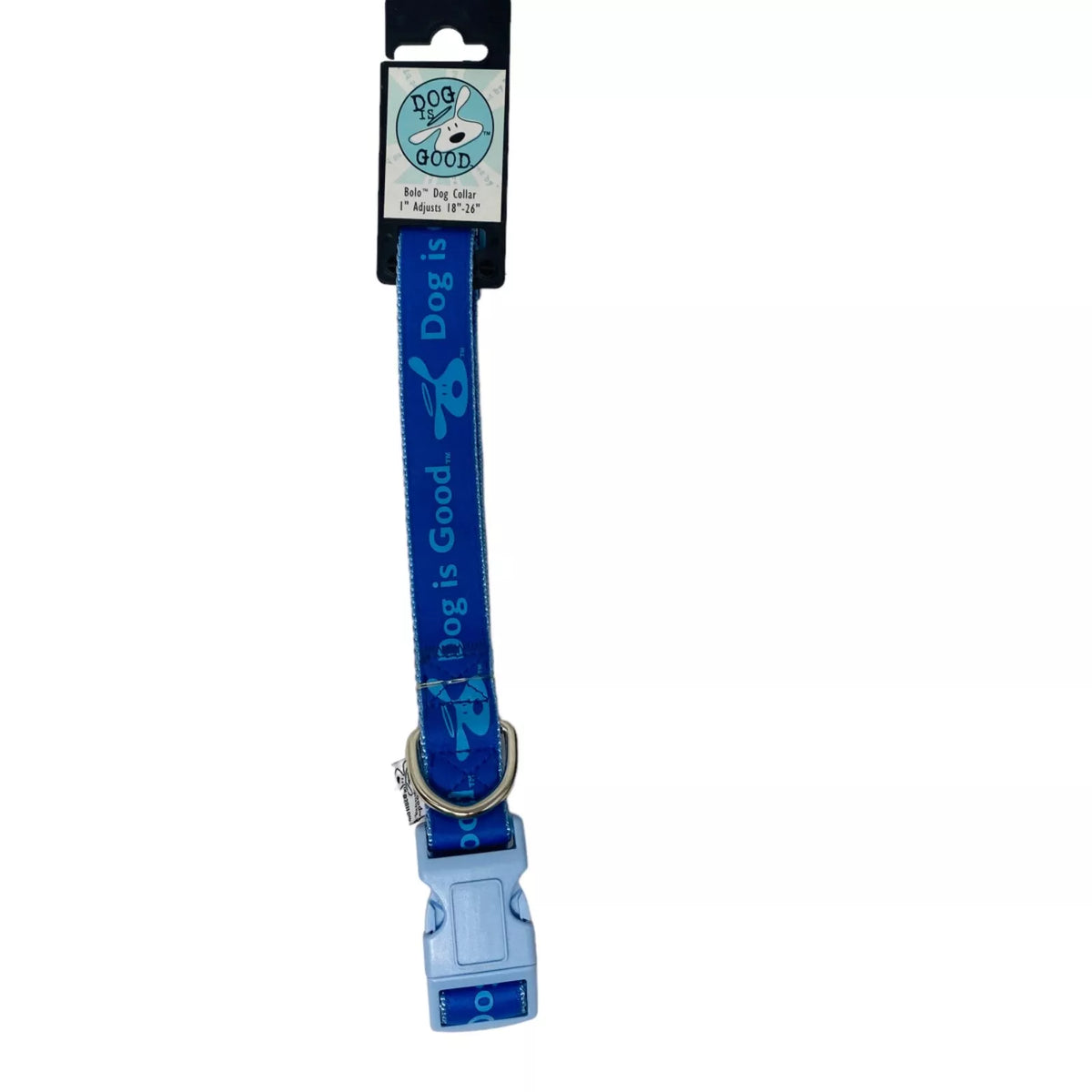 Blue Dog is Good collar hanging from its card, light blue clip buckle and D-ring