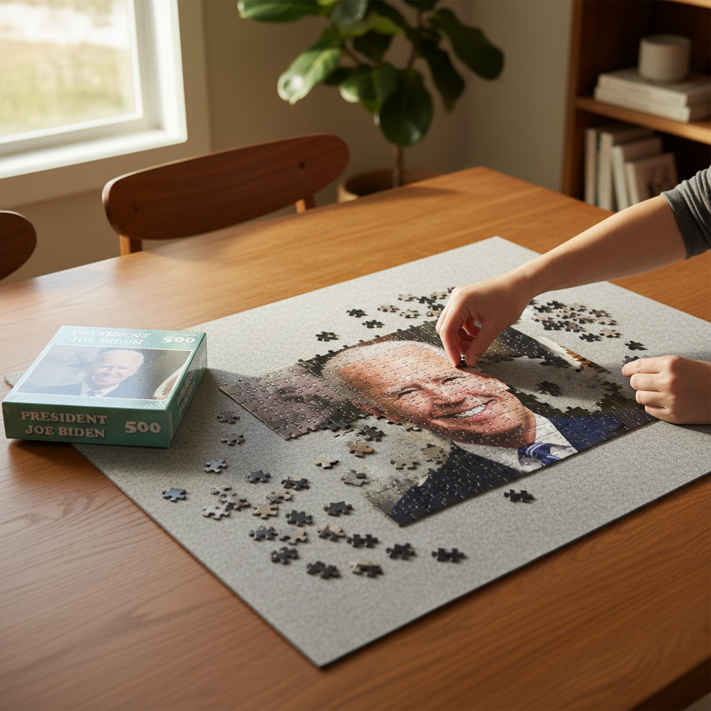 A 500-piece jigsaw puzzle box featuring a portrait of Joe Biden, placed on a dark wood tabletop. The box has a light teal background with white text reading 'PRESIDENT JOE BIDEN' and '500'.
