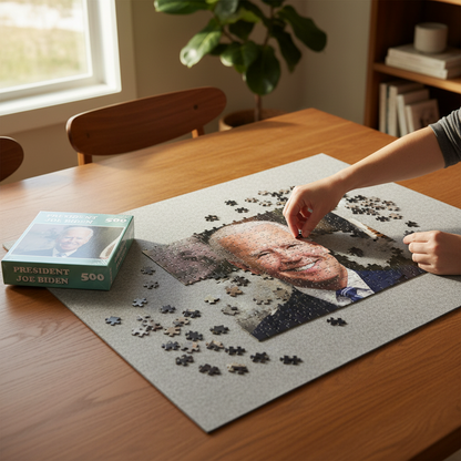 A 500-piece jigsaw puzzle box featuring a portrait of Joe Biden, placed on a dark wood tabletop. The box has a light teal background with white text reading 'PRESIDENT JOE BIDEN' and '500'.