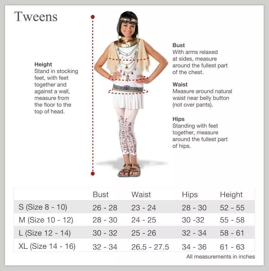 Tween costume size chart with bust, waist, hip and height from S to XL