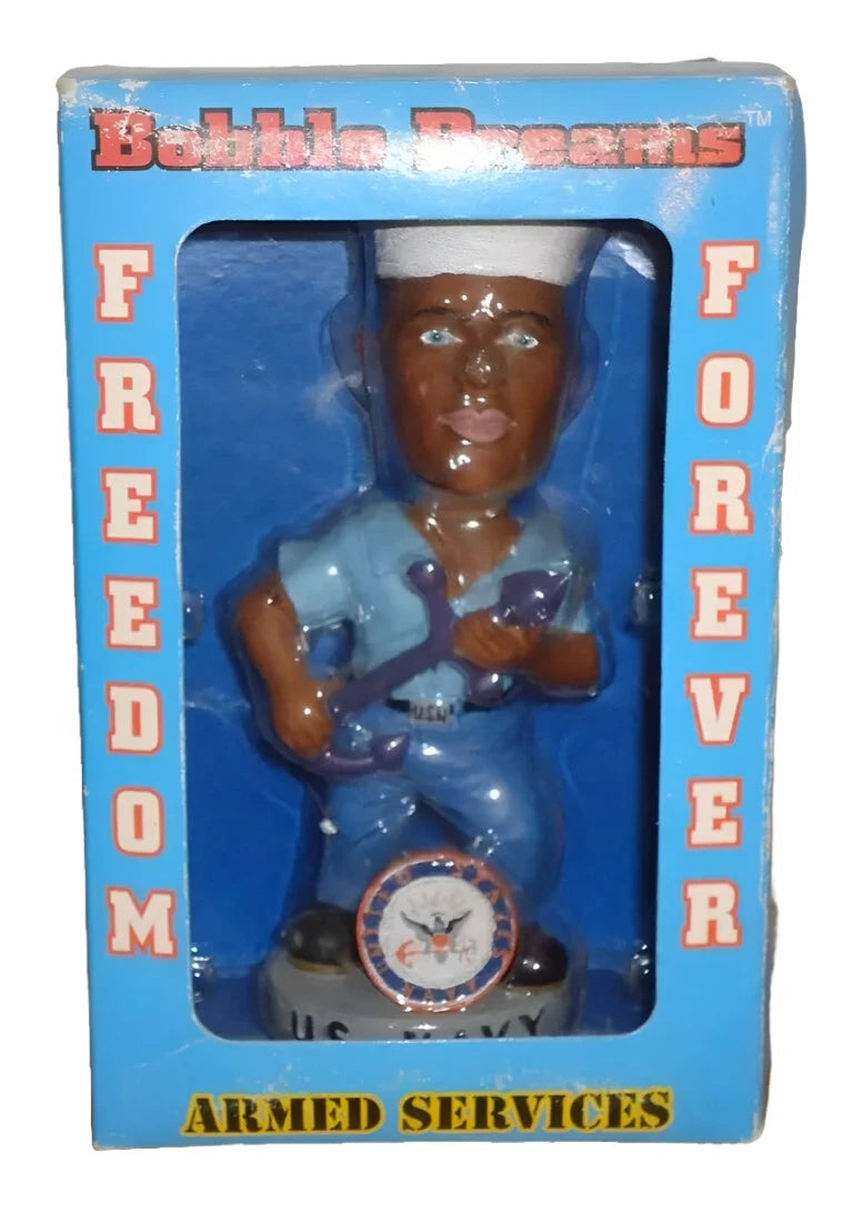 Sailor bobblehead in its blue Freedom Forever Armed Services window box