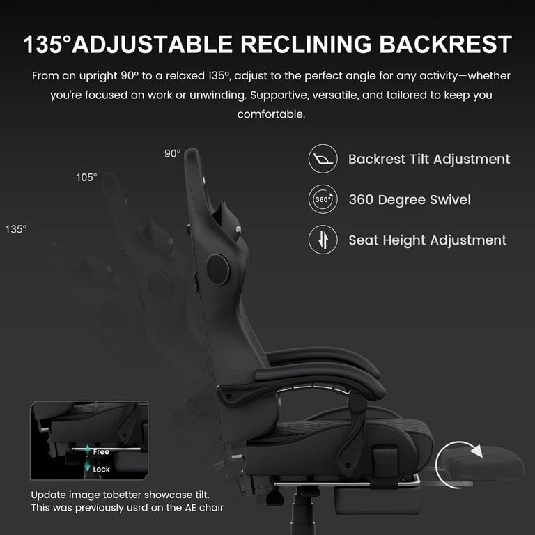 Side view of the gaming chair reclining from 90 to 135 degrees with footrest out