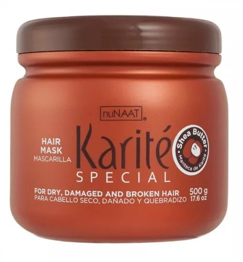 Rust orange 500 g jar of shea butter hair mask with a brown lid, English and Spanish label