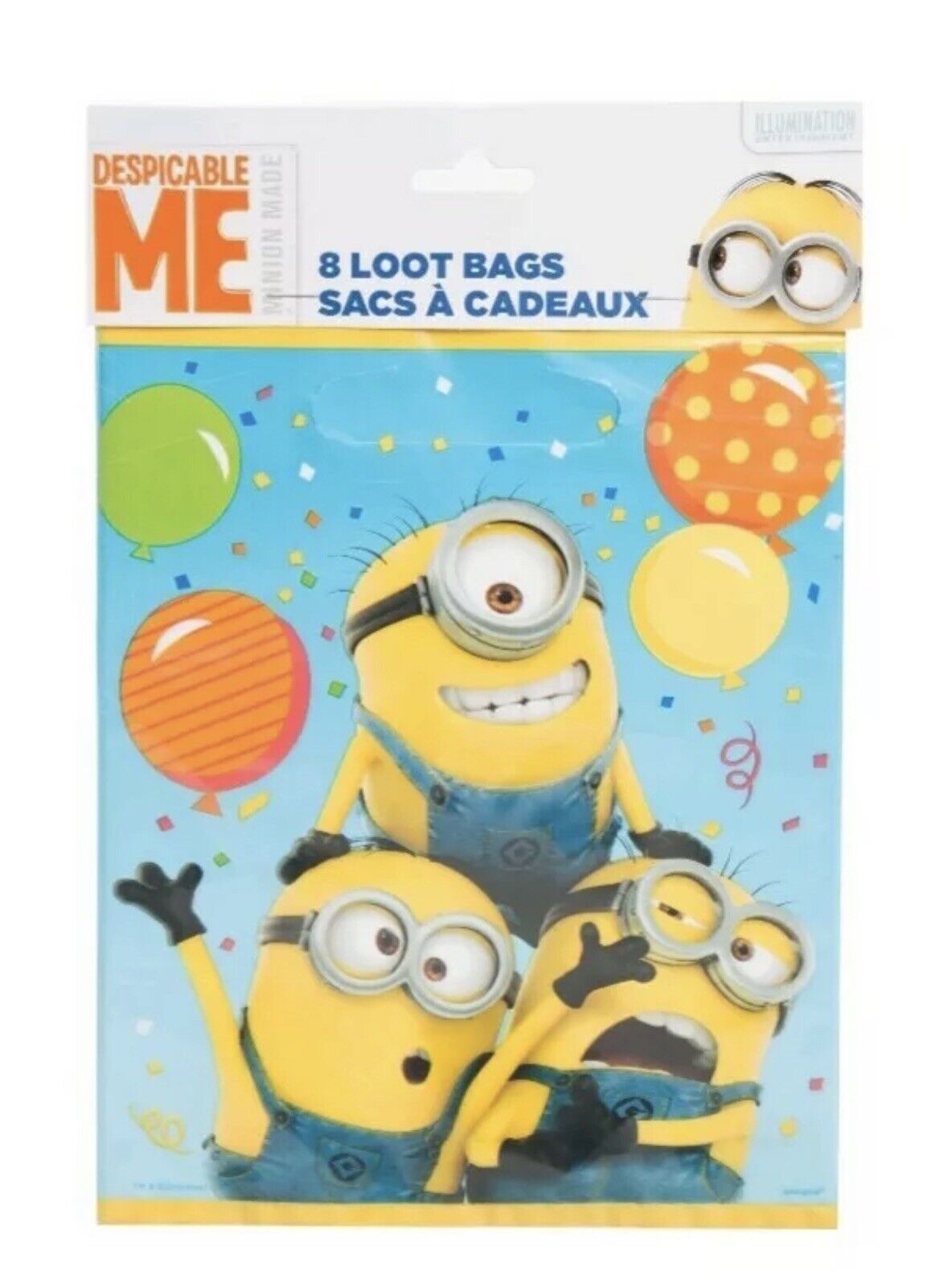 Despicable Me 8 loot bags pack with three Minions and party balloons