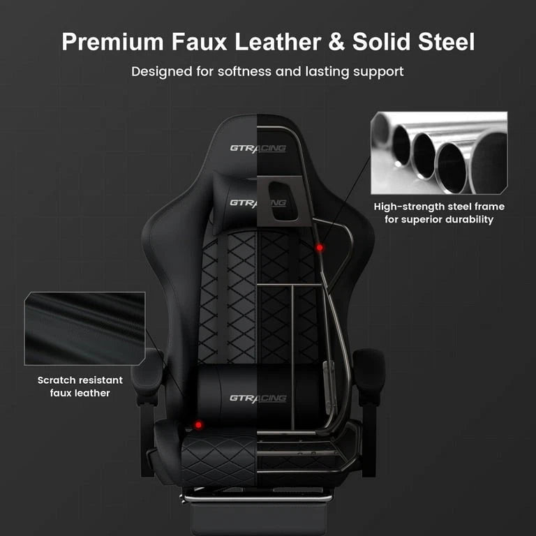 Cutaway of the black gaming chair showing faux leather cover and steel frame