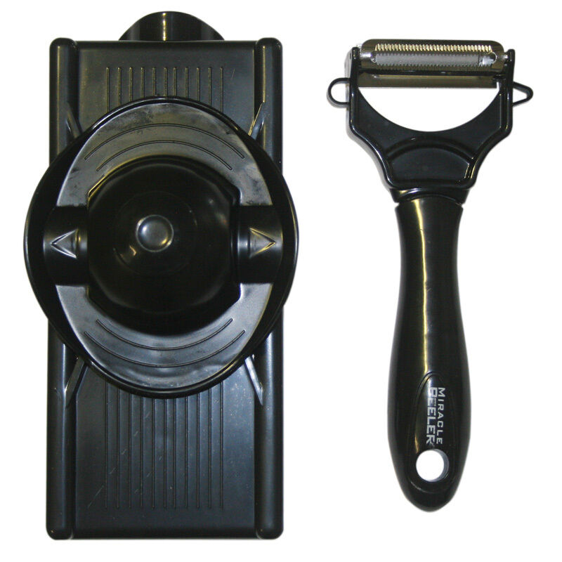 Black slicer frame with grater cup beside the dual-blade julienne peeler