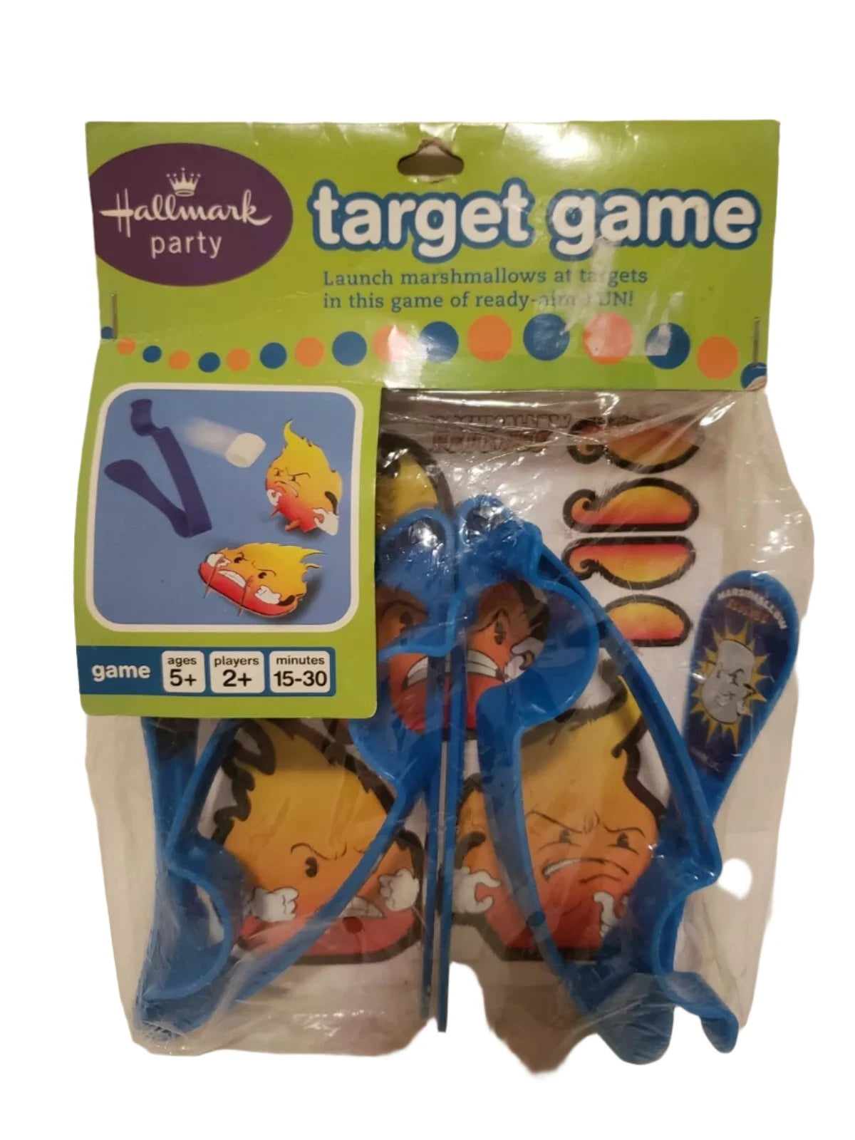 Bagged party target game with blue marshmallow launchers and cartoon campfire targets