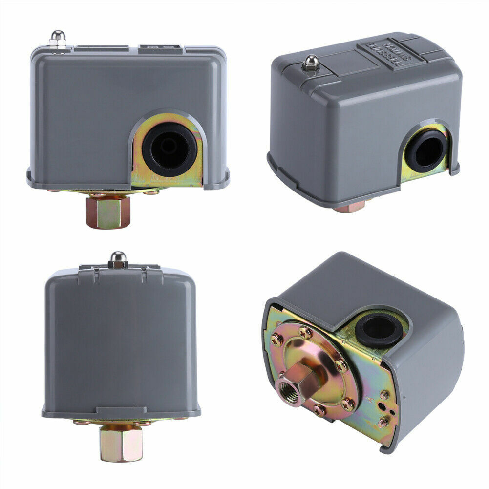 Grey well pump pressure switch shown from four angles