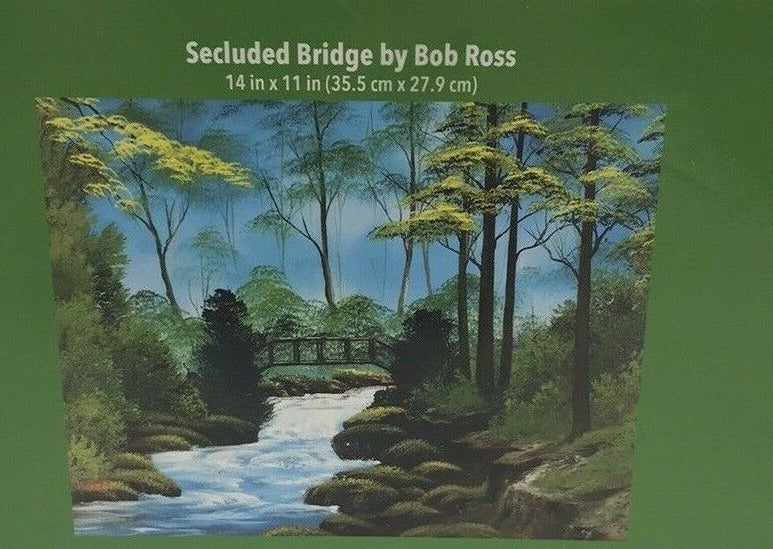 Puzzle box panel: Secluded Bridge by Bob Ross, forest stream under a footbridge, 14 x 11 in