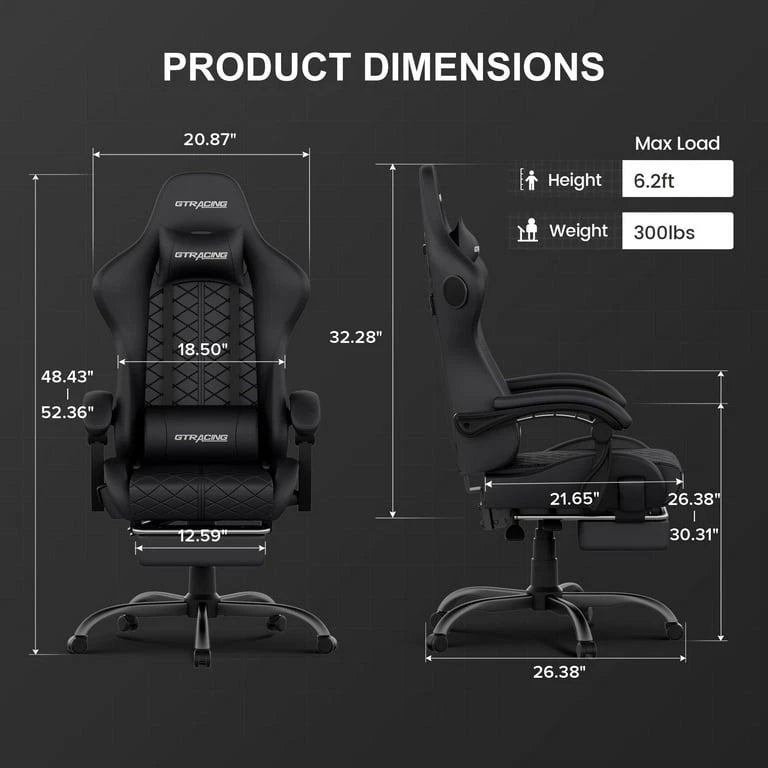 Front and side views of the gaming chair with height, width and depth measurements