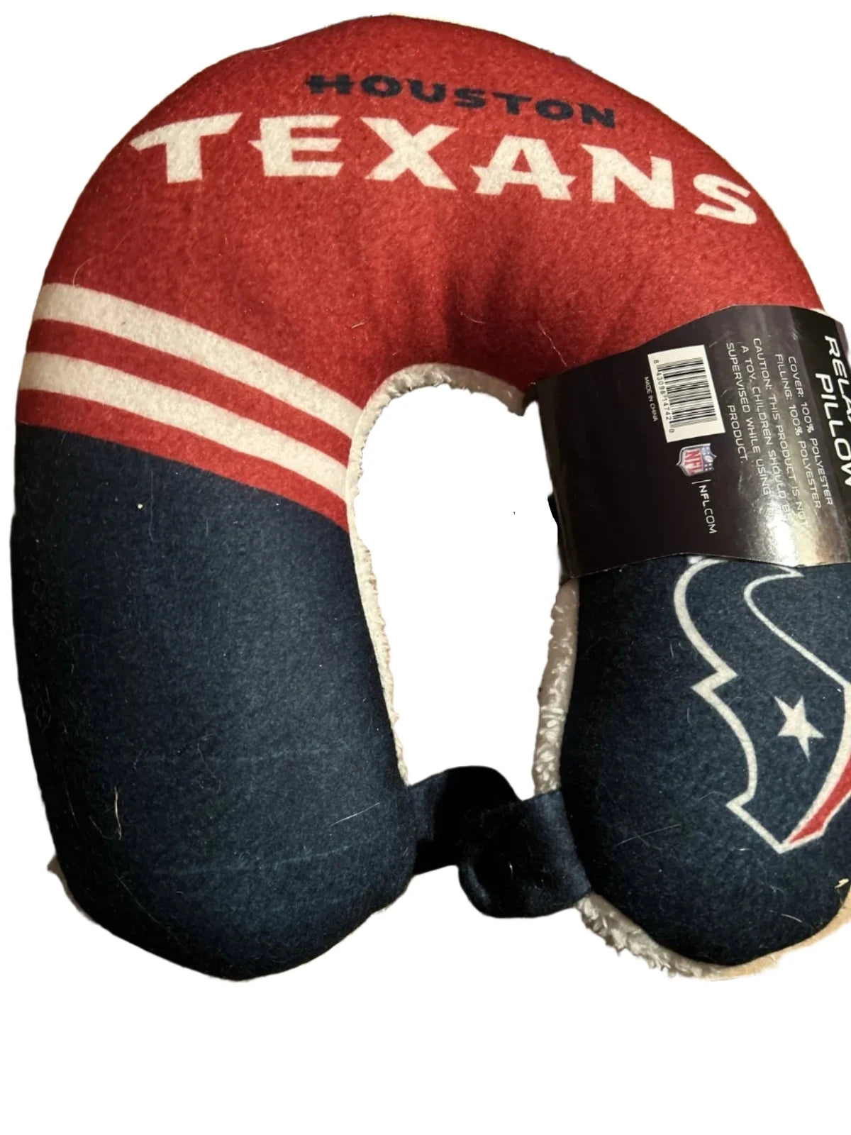 Red and navy fleece neck pillow with team lettering and a sherpa lining