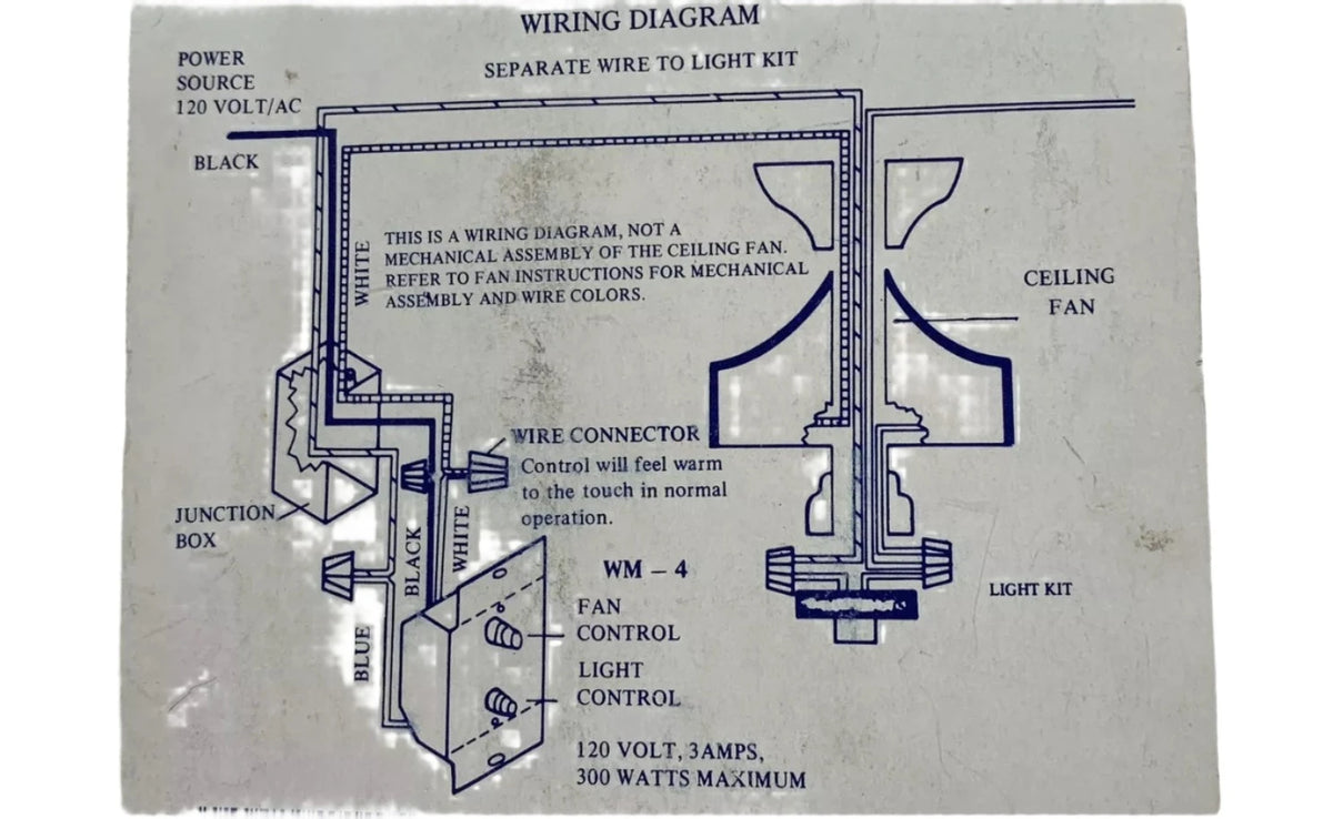 Close-up of the wiring diagram linking the wall control to a ceiling fan and light kit