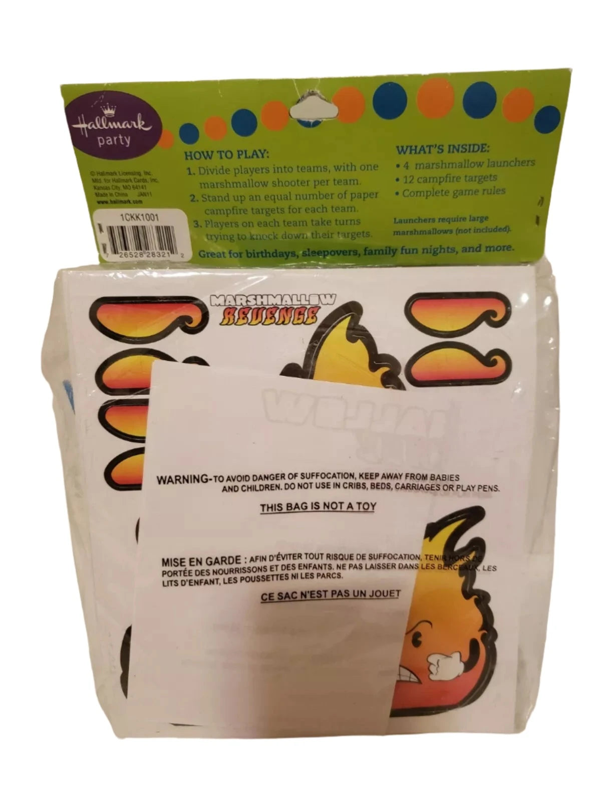 Back of the target game bag listing 4 launchers, 12 campfire targets and how to play