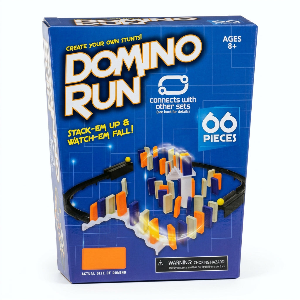 Domino Run 66-piece box showing orange, purple and white dominoes set up around a track