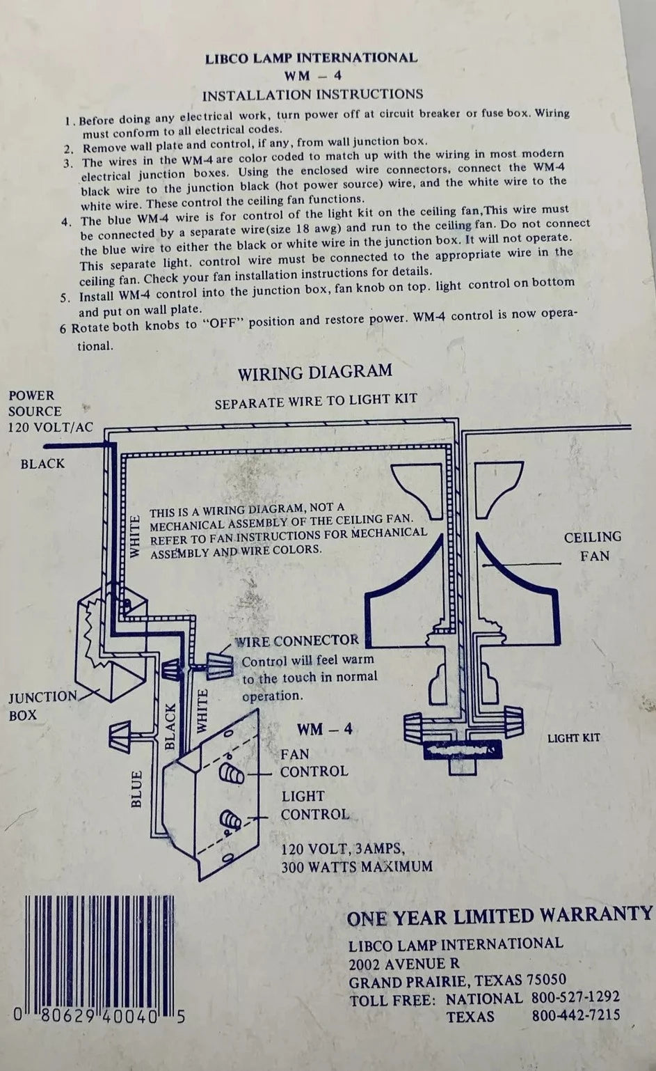 Instruction sheet with installation steps and a wiring diagram for the fan and light control