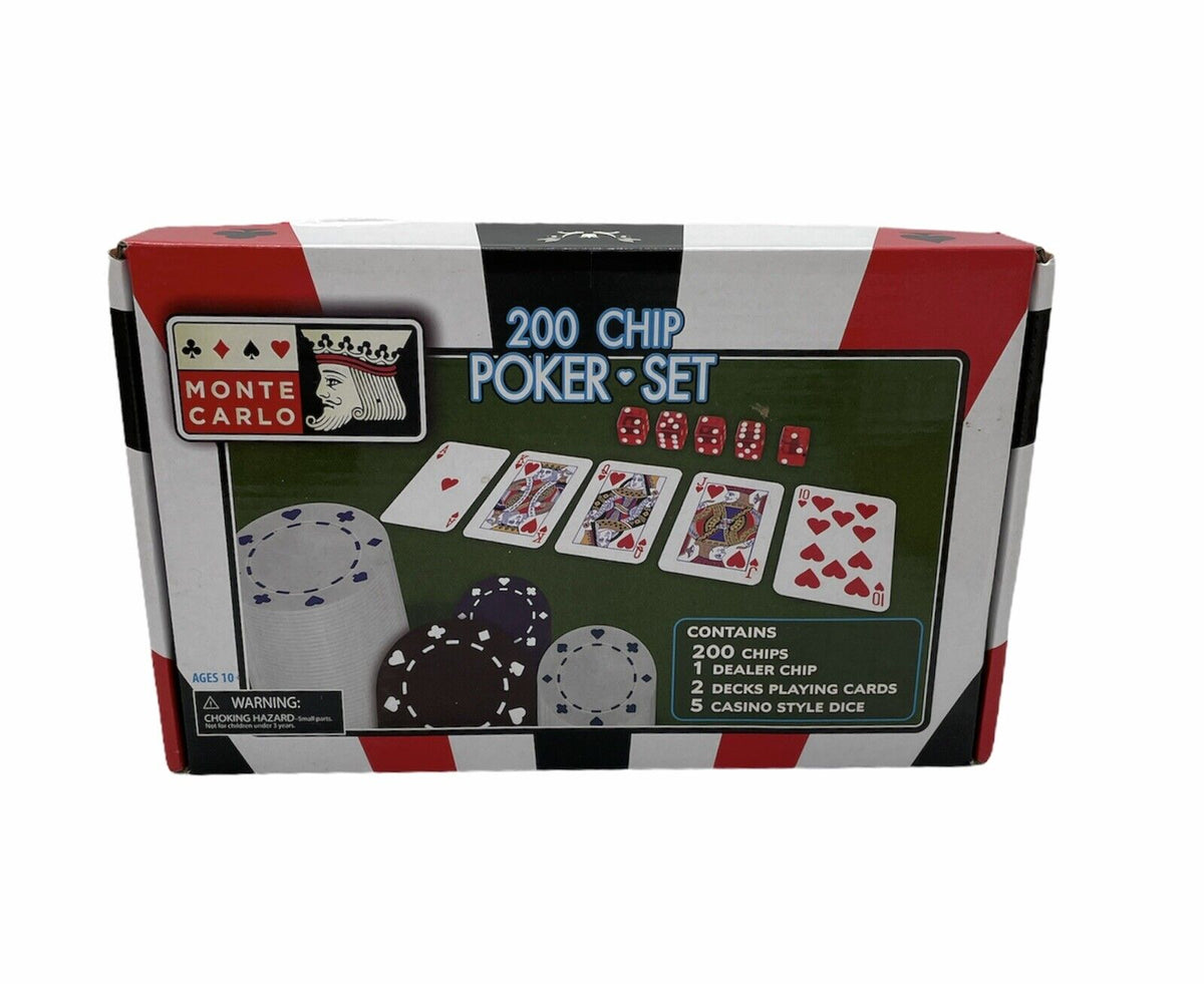 Monte Carlo 200 Chip Poker Set box with cards, dice and chips on green felt