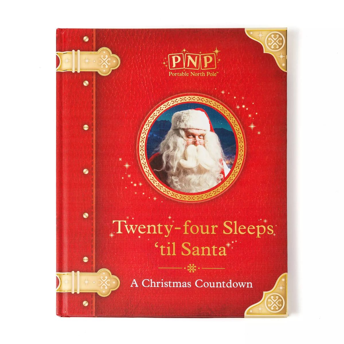 Red hardcover Christmas countdown storybook with gold clasps and a framed Santa portrait