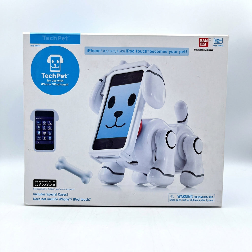 Front of a Bandai TechPet box showing the white robot dog with a toy bone