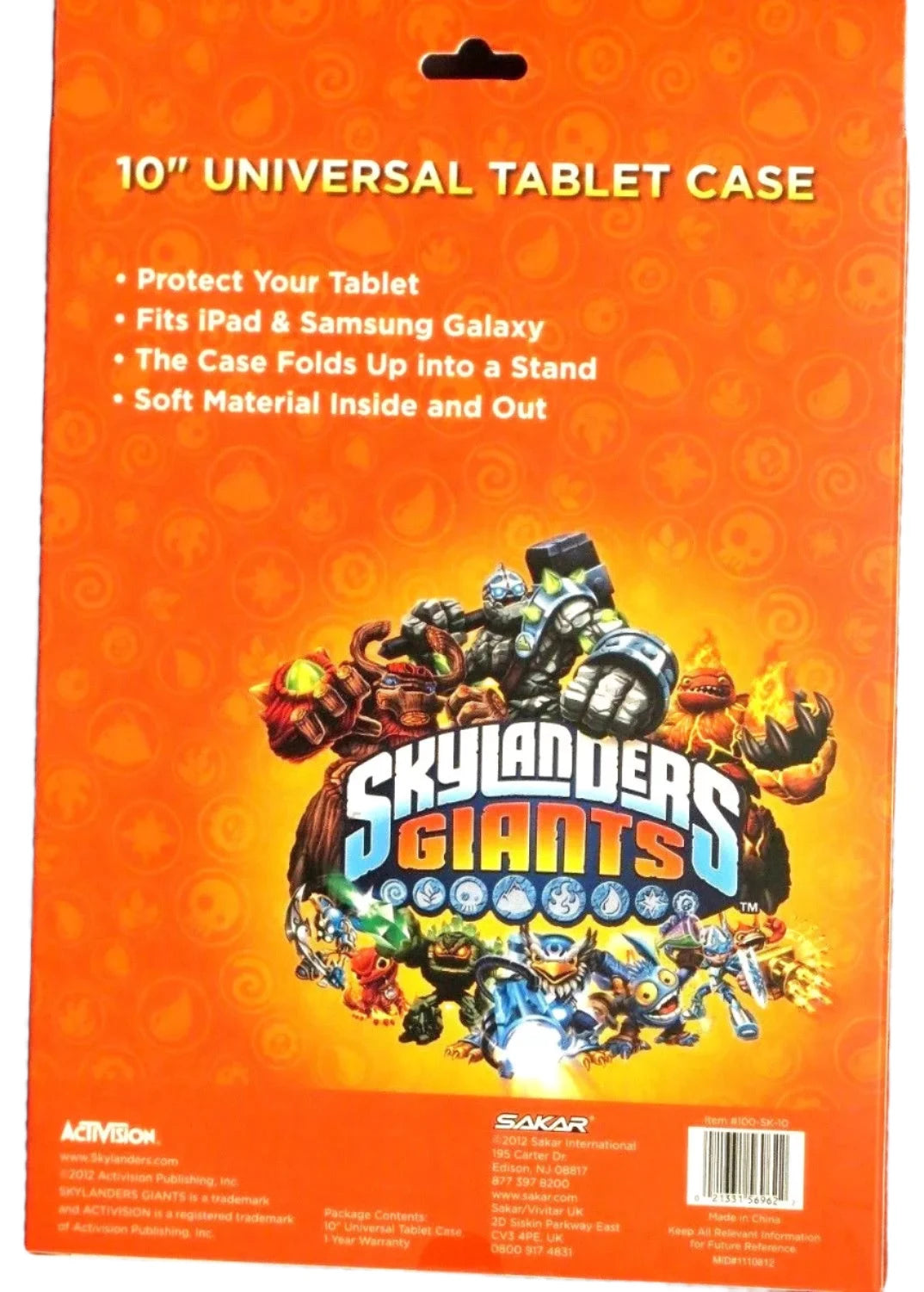 Back of the orange tablet case box listing features: fits iPad and Galaxy, folds into a stand