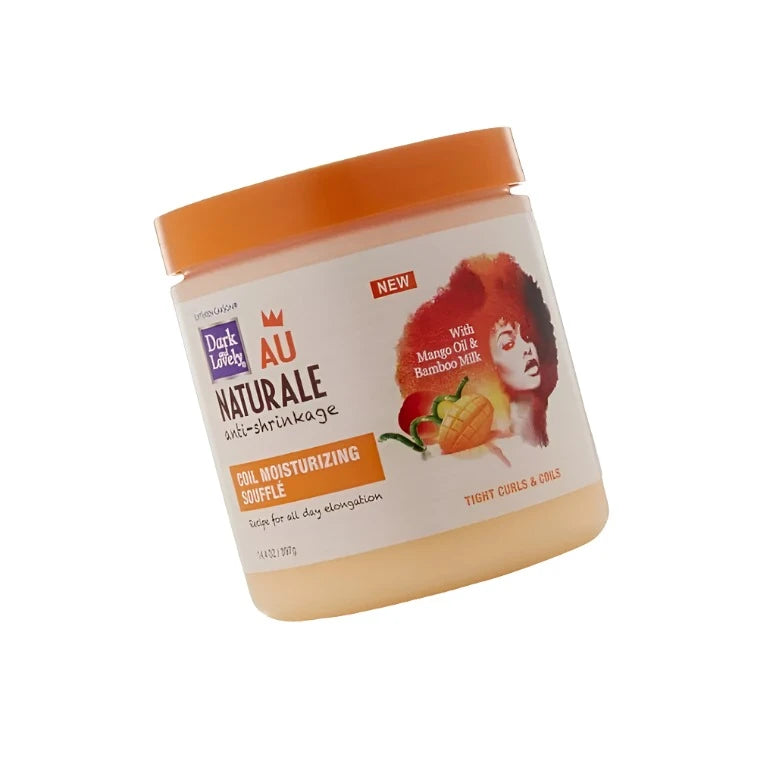 Tilted front view of the orange-lidded Coil Moisturizing Souffle jar