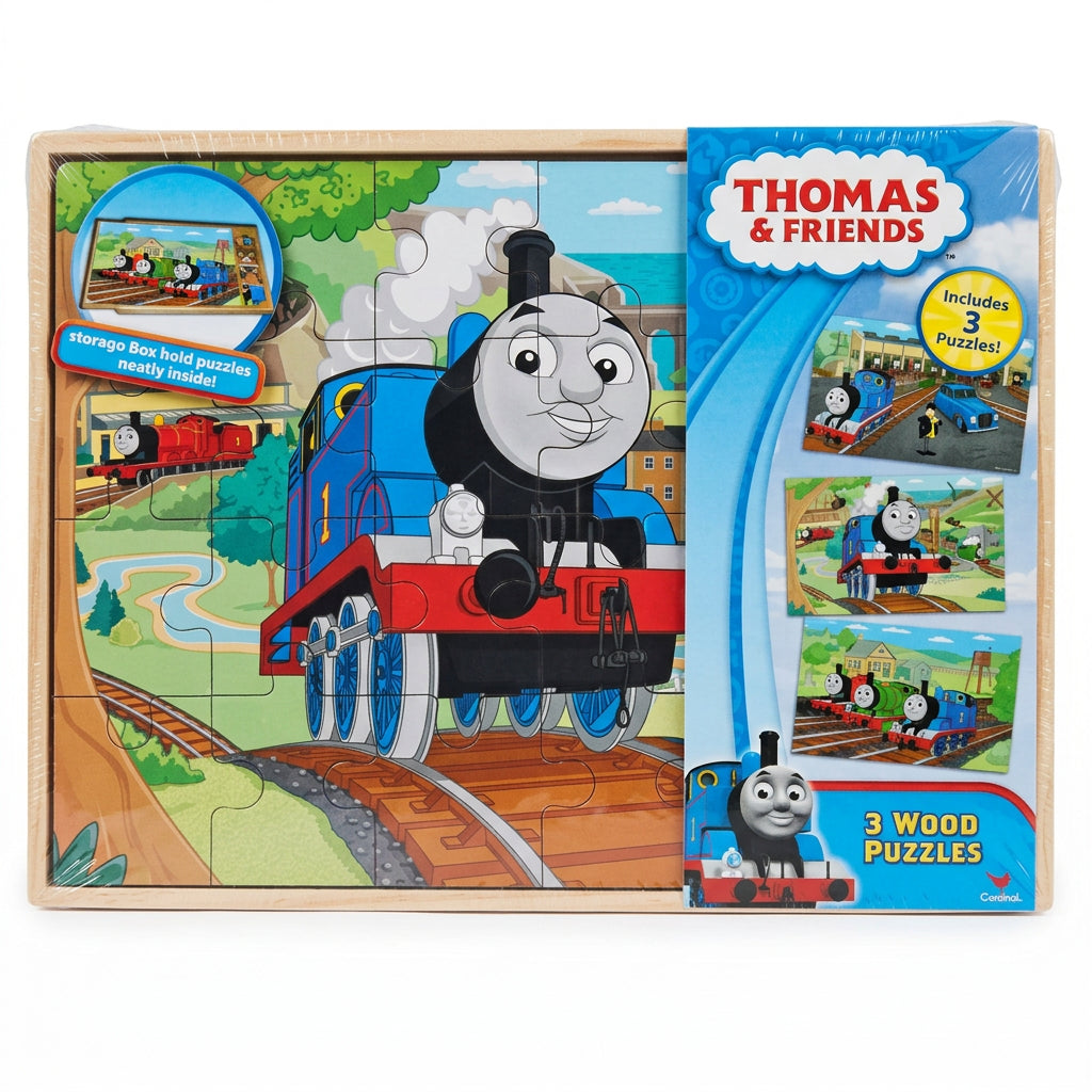 Front of Thomas & Friends 3 Wood Puzzles set showing Thomas the Tank Engine on the track