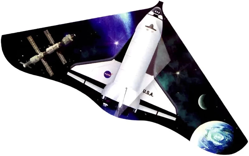 Delta kite printed with a white space shuttle, space station, moon and Earth on a starry background