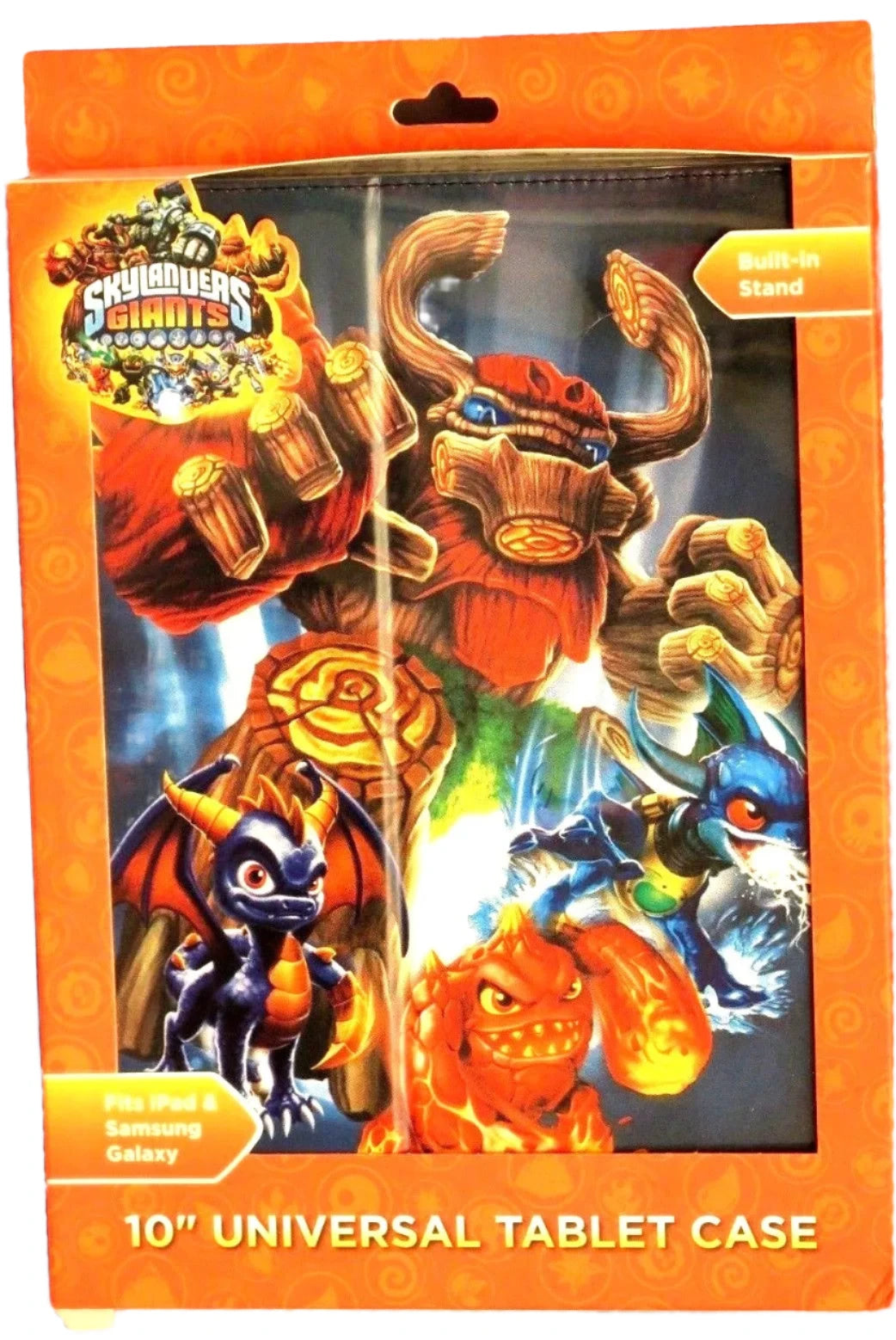 Boxed 10 inch tablet case printed with video game characters including a tree giant and purple dragon